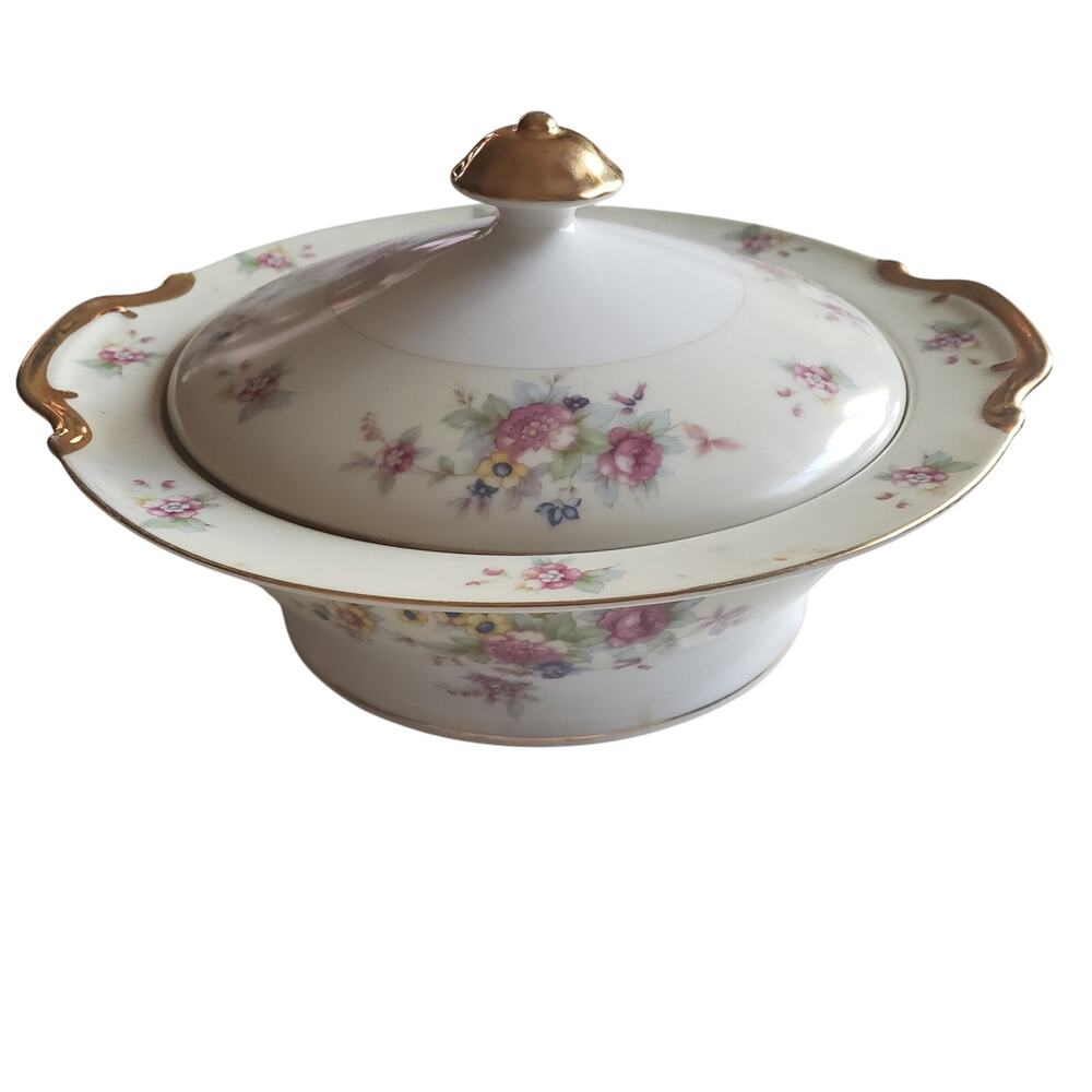 Royal China RCJ19 Vintage Made in Japan Handle Covered Serving Bowl Flowers Gold